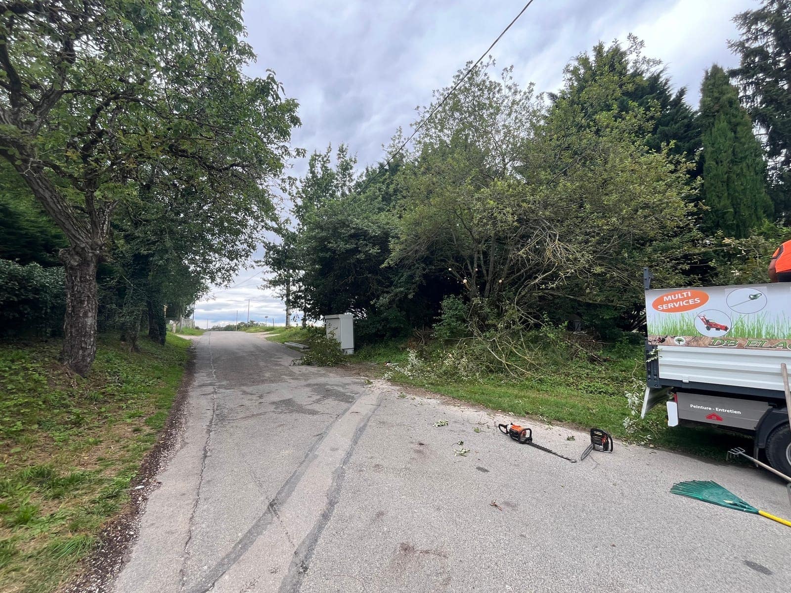 Route de campagne bordée d’arbres, avec un véhicule garé et des branches sur le bas-côté.