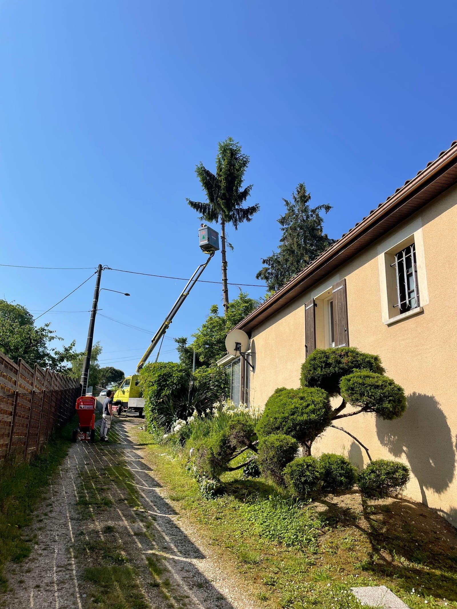 Camion de chantier au fond d’une allée, avec un conifère taillé en nuage au premier plan et un grand arbre derrière une maison.